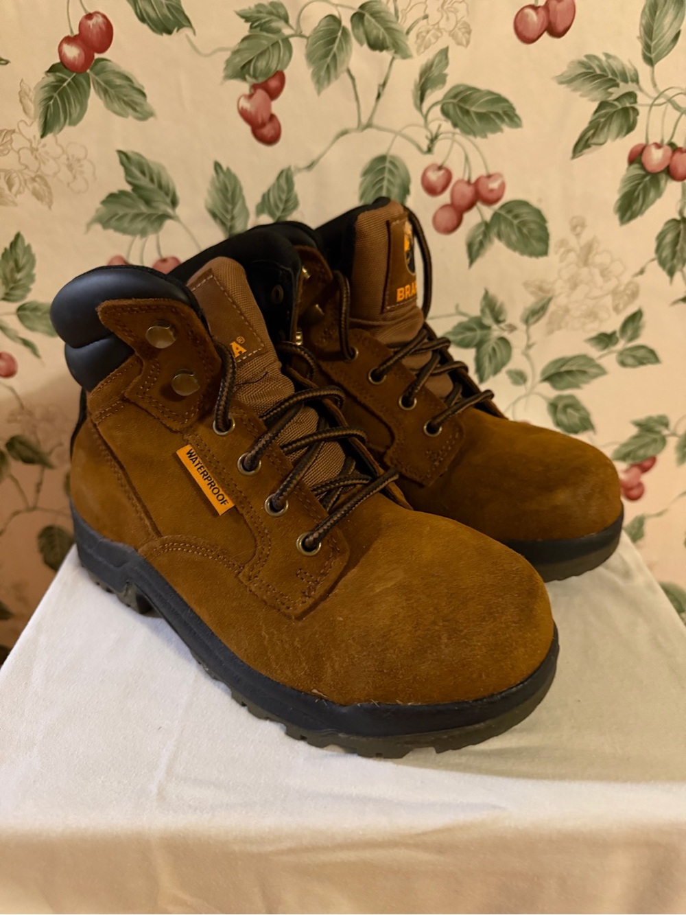 Brahma Brown Suede Lace-Up Work Boots with Black Collar